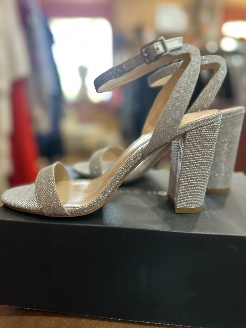 Pelle Moda Silver Glitter Block Heel Sandals with Ankle Strap - Picture 6 of 7